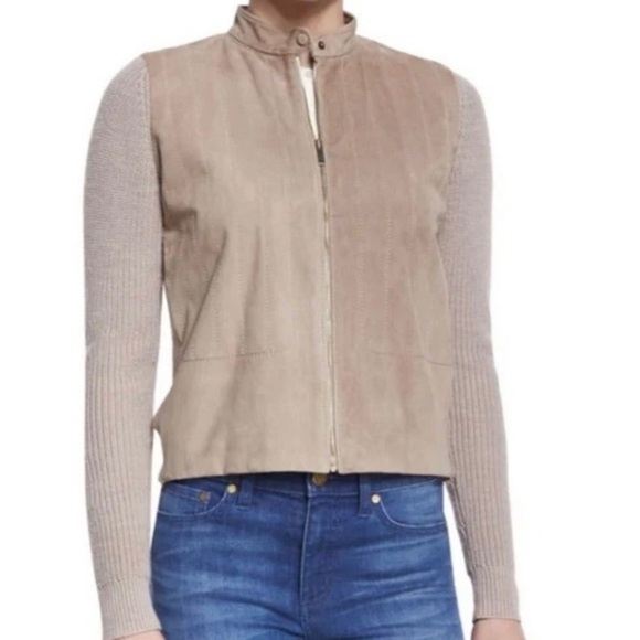 Tory Burch Ovine tan suede front sweater sleeve jacket XL